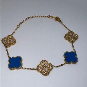 Rhinestone & Blue Clover Bracelet 18KGP Adjustable